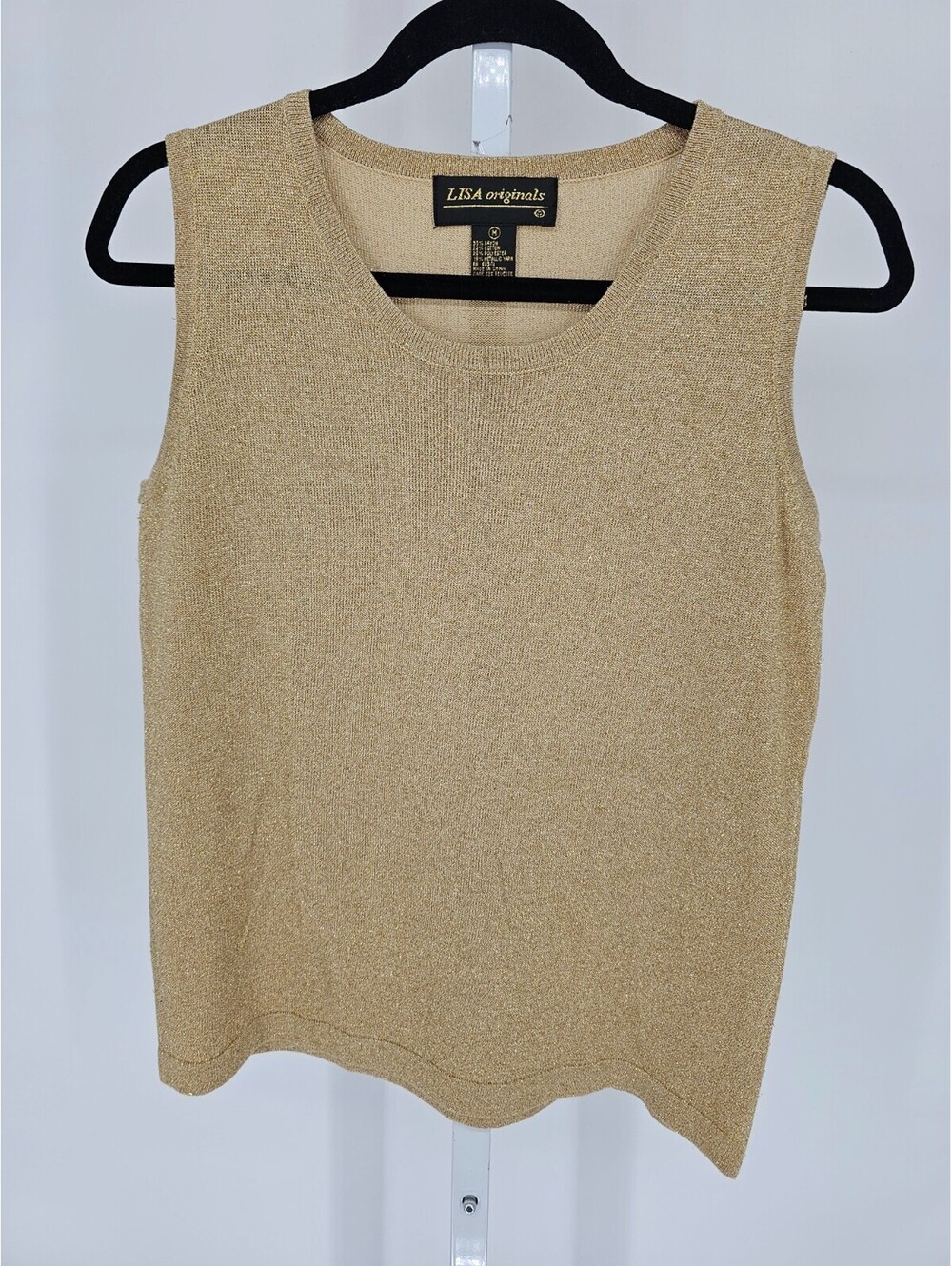 Vtg Lisa Originals Womens Sz M Sleeveless Knit Top Gold Metallic Weave